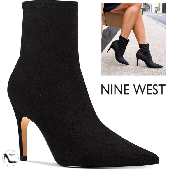 NINE WEST Jory 2 Stretch Booties Pointed toe Stiletto Heel Black Ankle Boots 8.5 - Picture 1 of 10